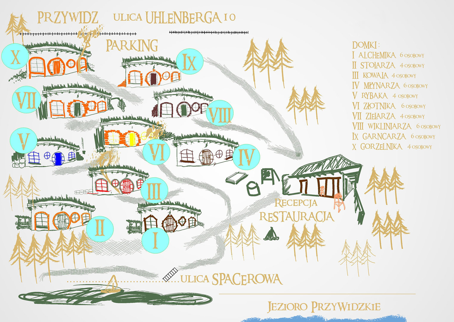 Zielone Wzgórza - Mapa ośrodka - Letniskowe domki Hobbitowe na wynajem - Przywidz